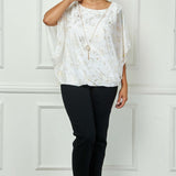 Elbow Sleeve Poncho Necklace Bubble Blouse - White - Plus