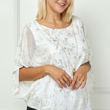 Elbow Sleeve Poncho Necklace Bubble Blouse - White - Plus