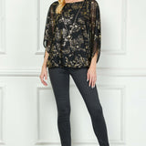 Elbow Sleeve Poncho Necklace Bubble Blouse - Black