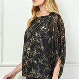 Elbow Sleeve Poncho Necklace Bubble Blouse - Black