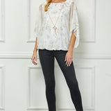 Elbow Sleeve Poncho Necklace Bubble Blouse - White