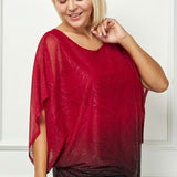 Elbow Sleeve Poncho Cutout Knot Back Bubble Blouse in Red - Plus