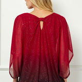 Elbow Sleeve Poncho Cutout Knot Back Bubble Blouse in Red