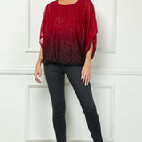 Elbow Sleeve Poncho Cutout Knot Back Bubble Blouse in Red