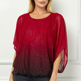 Elbow Sleeve Poncho Cutout Knot Back Bubble Blouse in Red