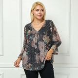 3/4 Ruffle Sleeve V-Neck Blouse - Black - Plus