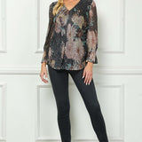 3/4 Ruffle Sleeve V-Neck Blouse - Black