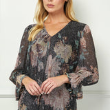 3/4 Ruffle Sleeve V-Neck Blouse - Black