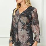 3/4 Ruffle Sleeve V-Neck Blouse - Black