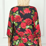 Kimono Sleeve Cutout Trim Mix Media Blouse in Black - Plus