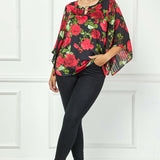 Kimono Sleeve Cutout Trim Mix Media Blouse in Black - Plus
