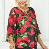 Kimono Sleeve Cutout Trim Mix Media Blouse in Black - Plus