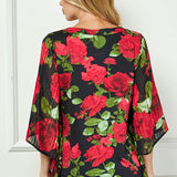 Kimono Sleeve Cutout Trim Mix Media Blouse in Black