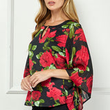 Kimono Sleeve Cutout Trim Mix Media Blouse in Black