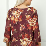 3/4 Flare Sleeve Cutout Trim Mix Media Blouse in Burgundy - Plus