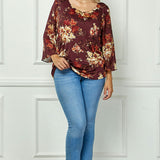 3/4 Flare Sleeve Cutout Trim Mix Media Blouse in Burgundy - Plus