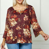 3/4 Flare Sleeve Cutout Trim Mix Media Blouse in Burgundy - Plus