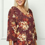 3/4 Flare Sleeve Cutout Trim Mix Media Blouse in Burgundy - Plus