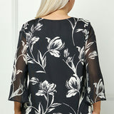 3/4 Flare Sleeve Cutout Trim Front Neck Swing Blouse in Black - Plus