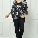 3/4 Flare Sleeve Cutout Trim Front Neck Swing Blouse in Black - Plus