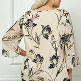 3/4 Flare Sleeve Cutout Trim Front Neck Swing Blouse in Beige - Plus