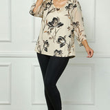 3/4 Flare Sleeve Cutout Trim Front Neck Swing Blouse in Beige - Plus