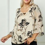 3/4 Flare Sleeve Cutout Trim Front Neck Swing Blouse in Beige - Plus