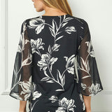 3/4 Flare Sleeve Cutout Trim Front Neck Swing Blouse in Black