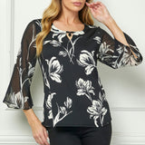 3/4 Flare Sleeve Cutout Trim Front Neck Swing Blouse in Black