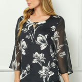 3/4 Flare Sleeve Cutout Trim Front Neck Swing Blouse in Black