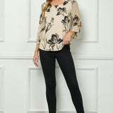 3/4 Flare Sleeve Cutout Trim Front Neck Swing Blouse in Beige