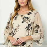 3/4 Flare Sleeve Cutout Trim Front Neck Swing Blouse in Beige