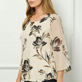 3/4 Flare Sleeve Cutout Trim Front Neck Swing Blouse in Beige