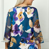 3/4 Flare Sleeve Cutout Trim Mix Media Blouse in Navy - Plus