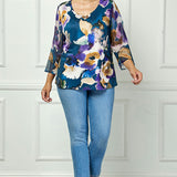 3/4 Flare Sleeve Cutout Trim Mix Media Blouse in Navy - Plus