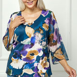 3/4 Flare Sleeve Cutout Trim Mix Media Blouse in Navy - Plus