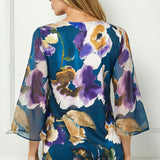 3/4 Flare Sleeve Cutout Trim Mix Media Blouse in Navy