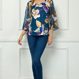 3/4 Flare Sleeve Cutout Trim Mix Media Blouse in Navy