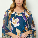 3/4 Flare Sleeve Cutout Trim Mix Media Blouse in Navy