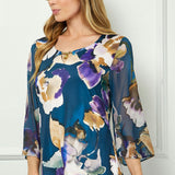 3/4 Flare Sleeve Cutout Trim Mix Media Blouse in Navy