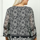 3/4 Flare Sleeve Cutout Trim Mix Media Blouse in Black - Plus