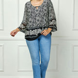 3/4 Flare Sleeve Cutout Trim Mix Media Blouse in Black - Plus