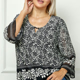 3/4 Flare Sleeve Cutout Trim Mix Media Blouse in Black - Plus