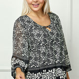 3/4 Flare Sleeve Cutout Trim Mix Media Blouse in Black - Plus