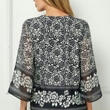 3/4 Flare Sleeve Cutout Trim Mix Media Blouse in Black