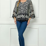 3/4 Flare Sleeve Cutout Trim Mix Media Blouse in Black