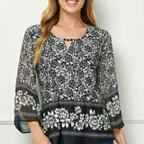 3/4 Flare Sleeve Cutout Trim Mix Media Blouse in Black