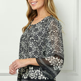 3/4 Flare Sleeve Cutout Trim Mix Media Blouse in Black
