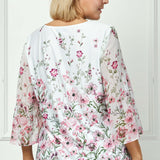 3/4 Flare Sleeve Cutout Neck Border Print Blouse - Ivory - Plus