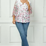 3/4 Flare Sleeve Cutout Neck Border Print Blouse - Ivory - Plus